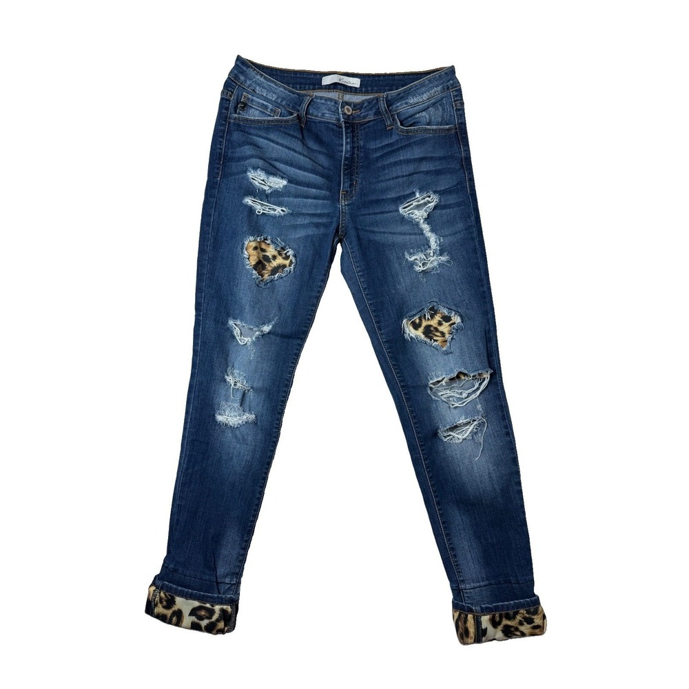 KanCan KC8191D Distressed Leopard Print Patch Skinny Jeans Medium Wash Womens 29